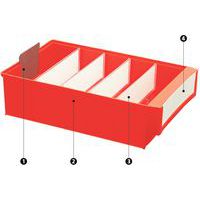 1 - linguetta di blocco dei contenitori in caso di utilizzo su scaffale 2- bordi resistenti realizzati in polipropilene 3 - separatori trasversali 4 - etichette applicabili su contenitori e separat