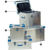 1 - guarnizione a tenuta stagna2 - cinghia di supporto (apertura a 110°)3 - nervature di rinforzo4 - leva a scatto sigillabile o lucchettabile