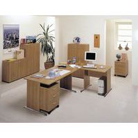 Set composto da due scrivanie diritte, da un piano di collegamento angolare e da una cassettiera mobileSet composto da un armadio medio e da un armadio basso