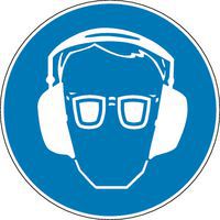 Cartello d'obbligo - Occhiali di protezione e cuffia antirumore obbligatori - Adesivo