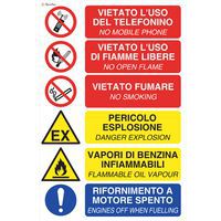Cartello multirischio - Pericoli e obblighi rifornimento di benzina