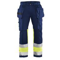 Pantaloni per artigiano stretch ad alta visibilità blu marino/giallo fluorescente con tasche e cintura