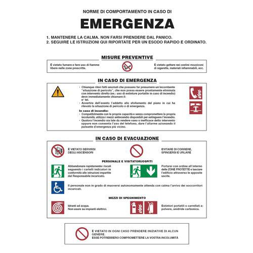 Cartello di indicazione - Norme di comportamento in caso di emergenza