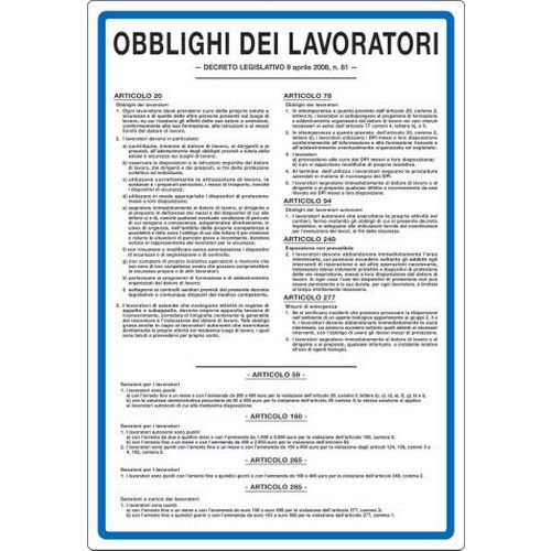 Cartello di indicazione - Obblighi dei lavoratori D. Lgs. 81 del 09.04.2008
