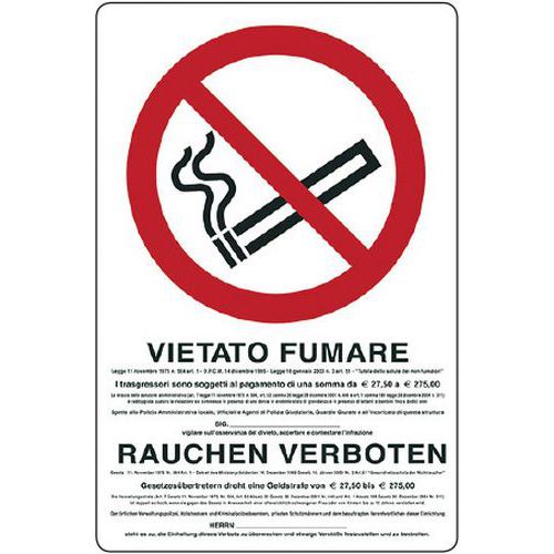 Cartello di divieto - vietato fumare con legge e lingua tedesca