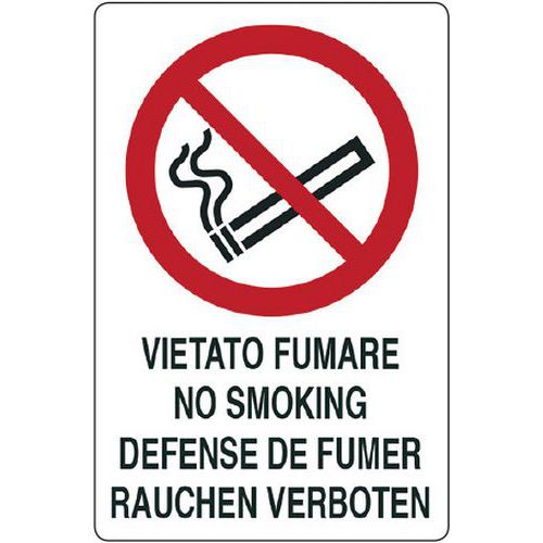 Cartello di divieto - vietato fumare in lingua inglese, francese e tedesca