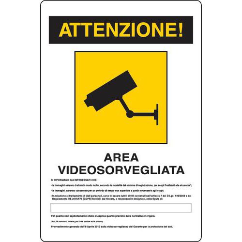Cartello di videosorveglianza - Attenzione area videosorvegliata (con legge)