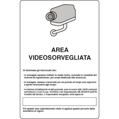 Cartello di videosorveglianza - Area videosorvegliata (con legge)