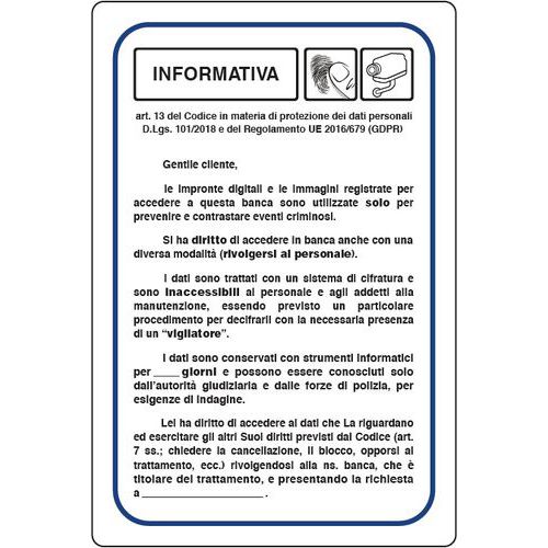 Cartello Informativa art. 13 del Codice in materia di protezione dei dati personali