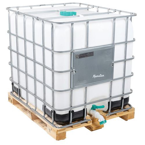 Cisterna 1000 L cubica, omologata standard per il trasporto – Cisterna + pallet di legno – Manutan