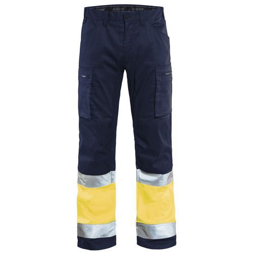 Pantaloni per artigiano stretch ad alta visibilità blu marino/giallo fluorescente