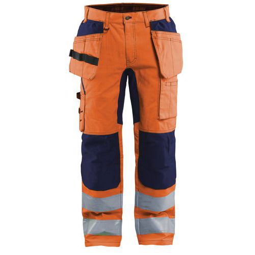 Pantaloni per artigiano stretch ad alta visibilità arancione fluorescente/blu marino
