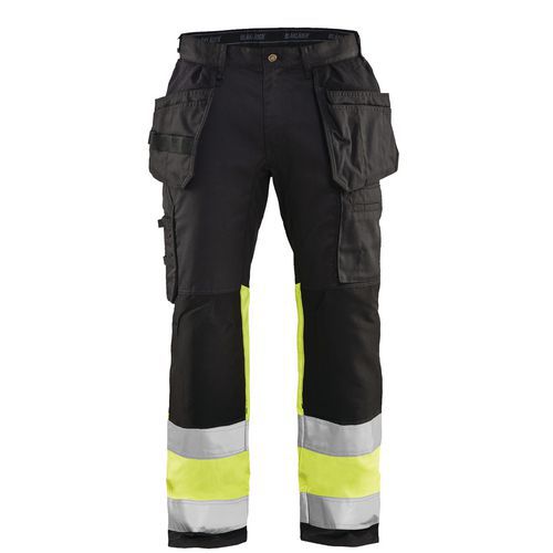 Pantaloni per artigiano stretch ad alta visibilità nero/giallo fluorescente