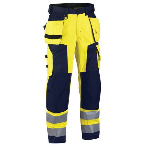 Pantaloni per artigiano softshell ad alta visibilità giallo fluorescente/blu marino