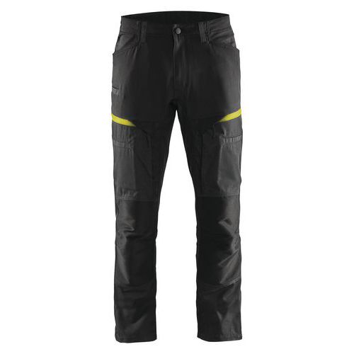 Pantaloni da lavoro stretch nero/giallo fluorescente con tasca A4 per tablet