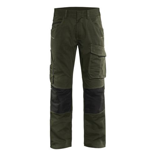 Pantaloni da lavoro in tessuto stretch verde oliva/nero, dettagli catarifrangenti