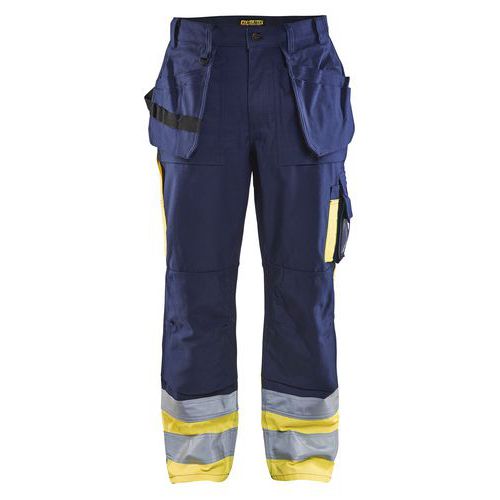 Pantaloni per artigiano ad alta visibilità blu marino/giallo in poliestere/cotone