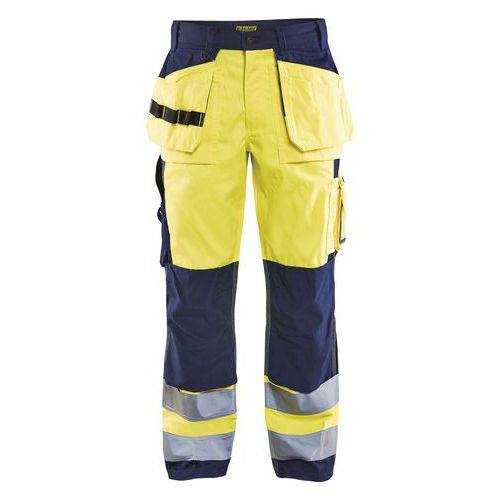 Pantaloni per artigiano ad alta visibilità giallo/blu marino con ginocchia preformate