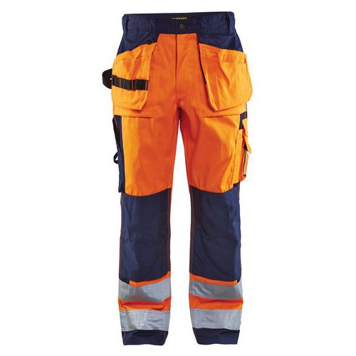 Pantaloni per artigiano ad alta visibilità arancione/blu marino con ginocchia preformate