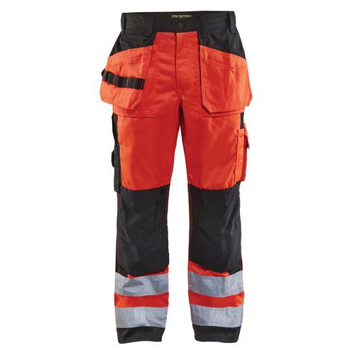 Pantaloni per artigiano ad alta visibilità rosso/nero con ginocchia preformate
