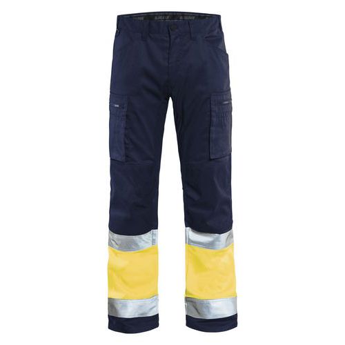 Pantaloni per artigiano stretch ad alta visibilità blu marino/giallo fluorescente