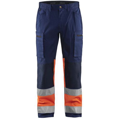 Pantaloni per artigiano stretch ad alta visibilità blu marino/arancione fluorescente