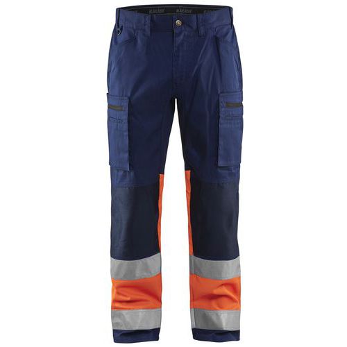 Pantaloni per artigiano stretch ad alta visibilità blu marino/arancione fluorescente