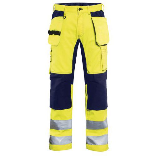 Pantaloni per artigiano stretch ad alta visibilità giallo/blu marino con ginocchia preformate