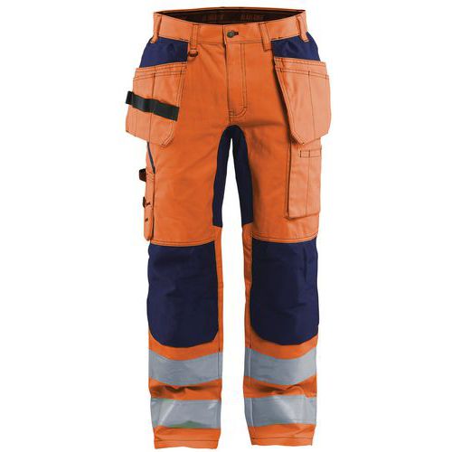 Pantaloni per artigiano stretch ad alta visibilità arancione fluorescente/blu marino