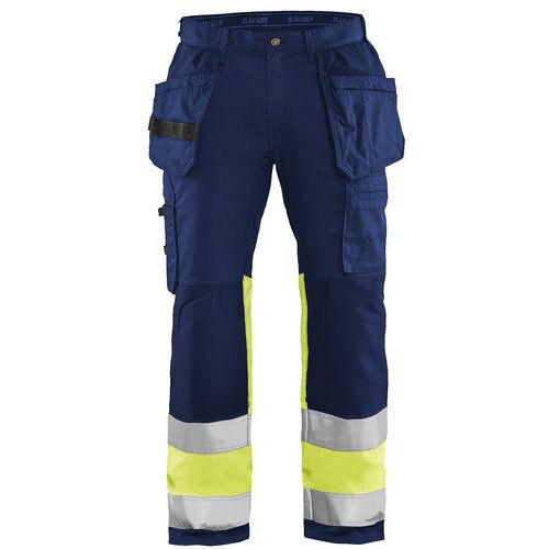 Pantaloni per artigiano stretch ad alta visibilità blu marino/giallo fluorescente con tasche e cintura