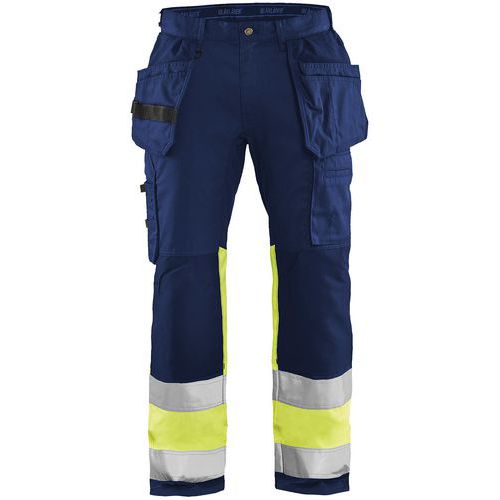Pantaloni per artigiano stretch ad alta visibilità blu marino/giallo fluorescente con tasche e cintura