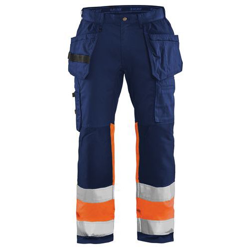 Pantaloni per artigiano stretch ad alta visibilità blu marino/arancione fluorescente con tasche e cintura