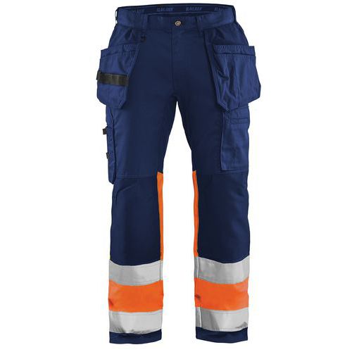 Pantaloni per artigiano stretch ad alta visibilità blu marino/arancione fluorescente con tasche e cintura
