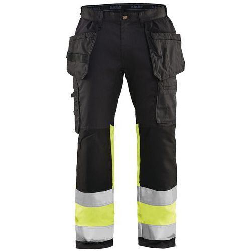 Pantaloni per artigiano stretch ad alta visibilità nero/giallo fluorescente