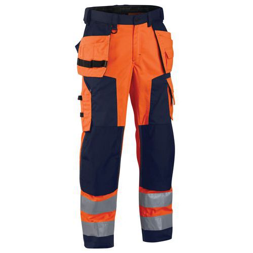 Pantaloni per artigiano softshell ad alta visibilità arancione fluorescente/blu marino