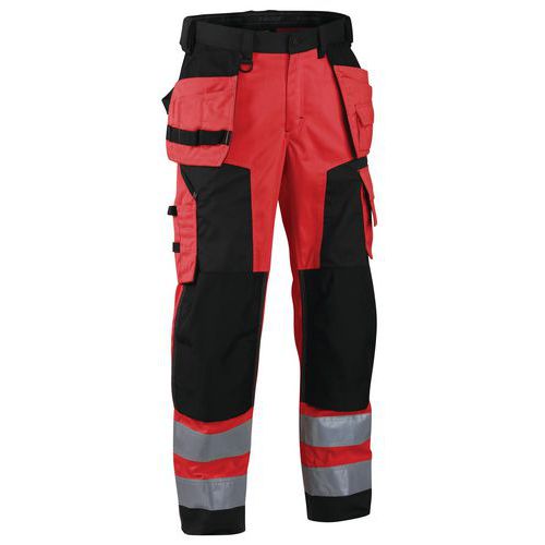 Pantaloni per artigiano softshell ad alta visibilità rosso fluorescente/nero