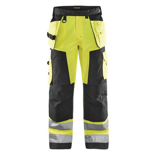 Pantaloni per artigiano ad alta visibilità giallo/nero, con tasca per telefono