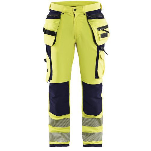 Pantaloni stretch 4D ad alta visibilità giallo fluorescente/blu marino