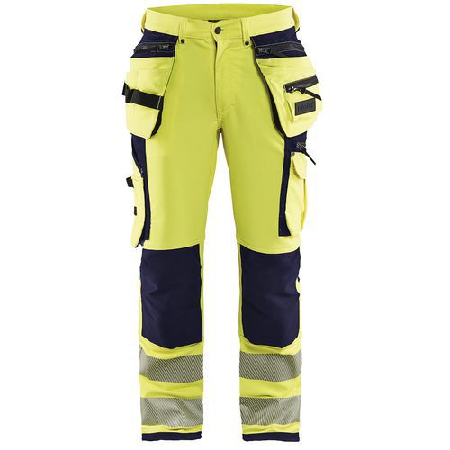 Pantaloni stretch 4D ad alta visibilità giallo fluorescente/blu marino
