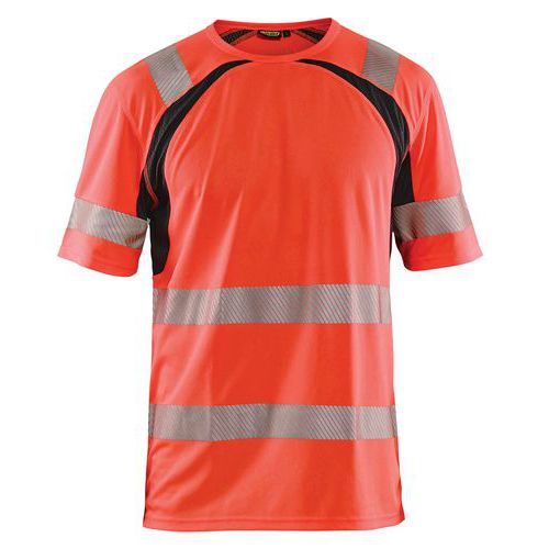 T-shirt anti-UV ad alta visibilità rosso fluorescente/nero