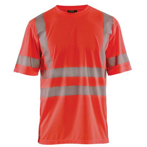 T-shirt anti-UV ad alta visibilità rosso fluorescente, collo rotondo
