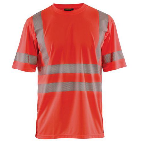 T-shirt anti-UV ad alta visibilità rosso fluorescente, collo rotondo