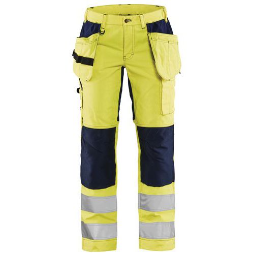 Pantaloni stretch ad alta visibilità da donna giallo fluorescente/blu marino