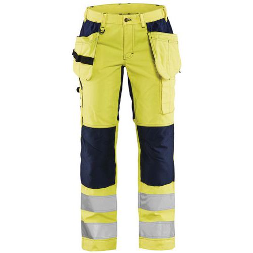 Pantaloni stretch ad alta visibilità da donna giallo fluorescente/blu marino