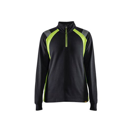 Felpa da lavoro con zip da donna in nero/giallo fluo,