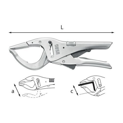 Pinza regolabile autobloccante a cremagliera con ganasce lunghe,