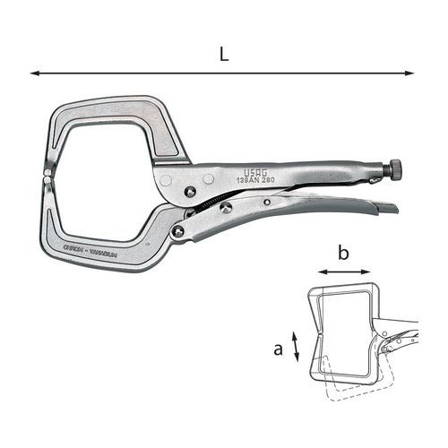 Pinza regolabile autobloccante con ganasce a collo di cigno,