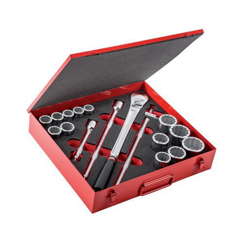 Assortimento in cassetta di lamiera con bussole poligonali (17 pz),