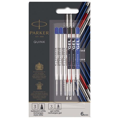 Ricariche penna Parker 3 gel e 3 a sfera, 2 colori assortiti,