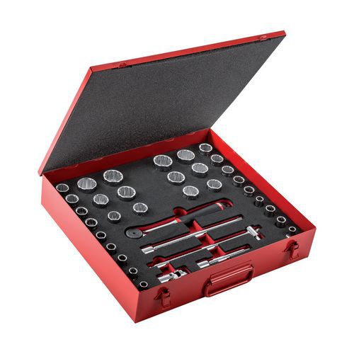 Assortimento in cassetta di lamiera con bussole poligonali in millimetri e pollici (35 pz),